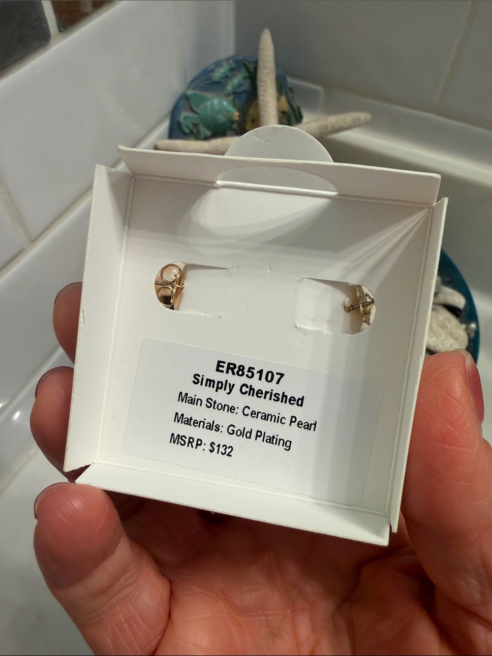 bp Gold Crescent Earrings with White Pearls and Pavé Crystals - Picture 2 of 3